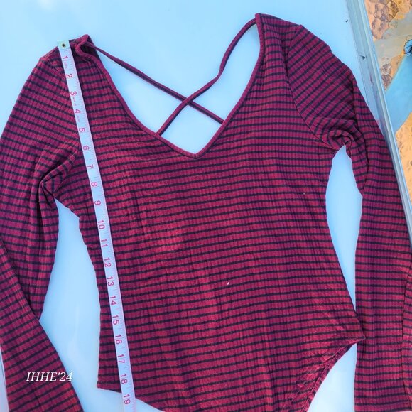 Striped Burgundy & Black Long Sleeve Women Bodysuit With Cross Back/ Medium - Picture 5 of 8